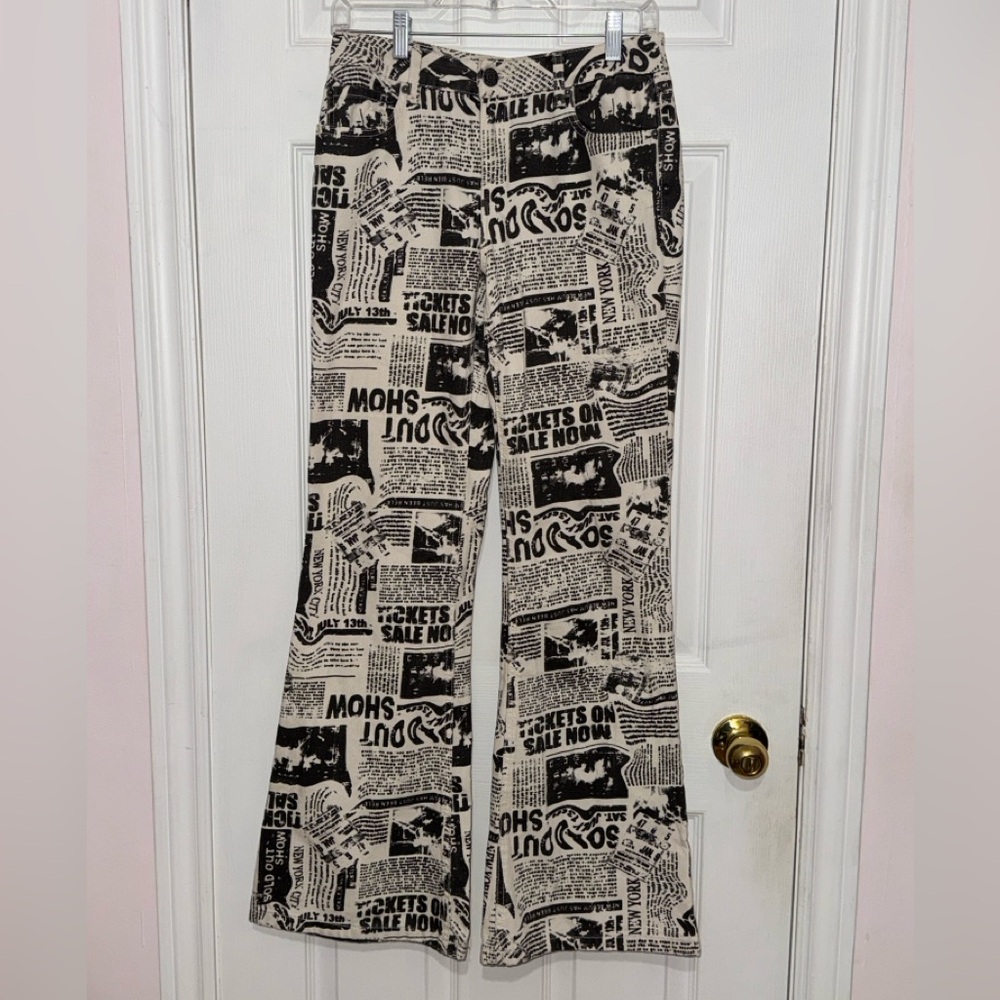 Garage Y2K Newspaper Print Low Rise Flare Jeans
